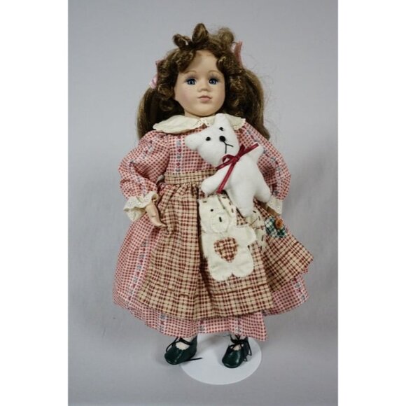 Collectable Memories TERRY Porcelain Doll 16" w/ Bear Checked Dress - Picture 1 of 7